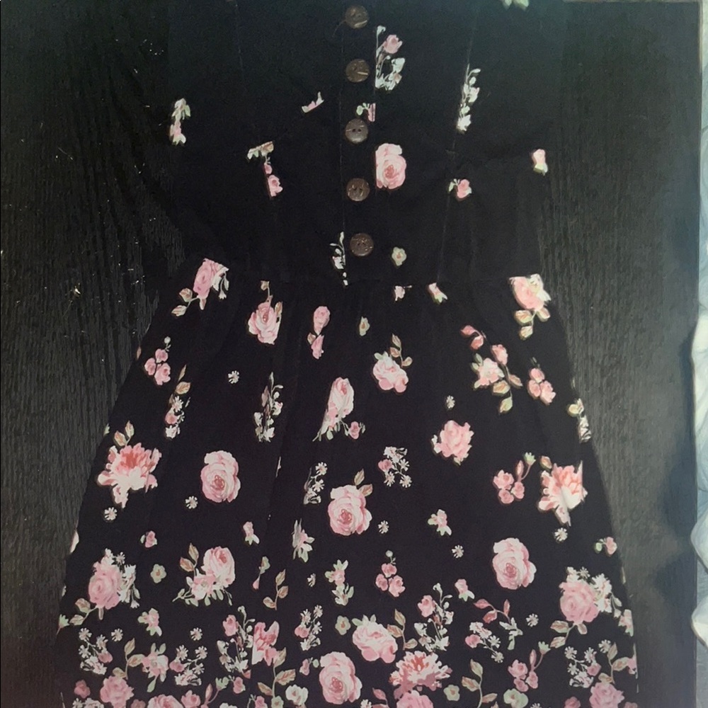 No Boundaries Black Strapless Dress with Pink Floral Pattern